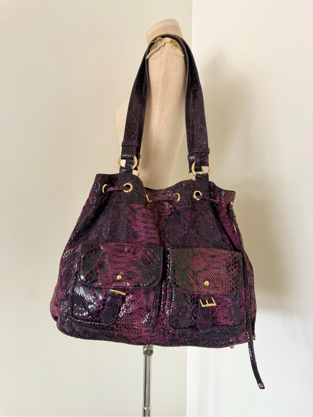 Vintage ASHNEIL Purple Snakeskin-Effect Shoulder Bag with Front Pockets